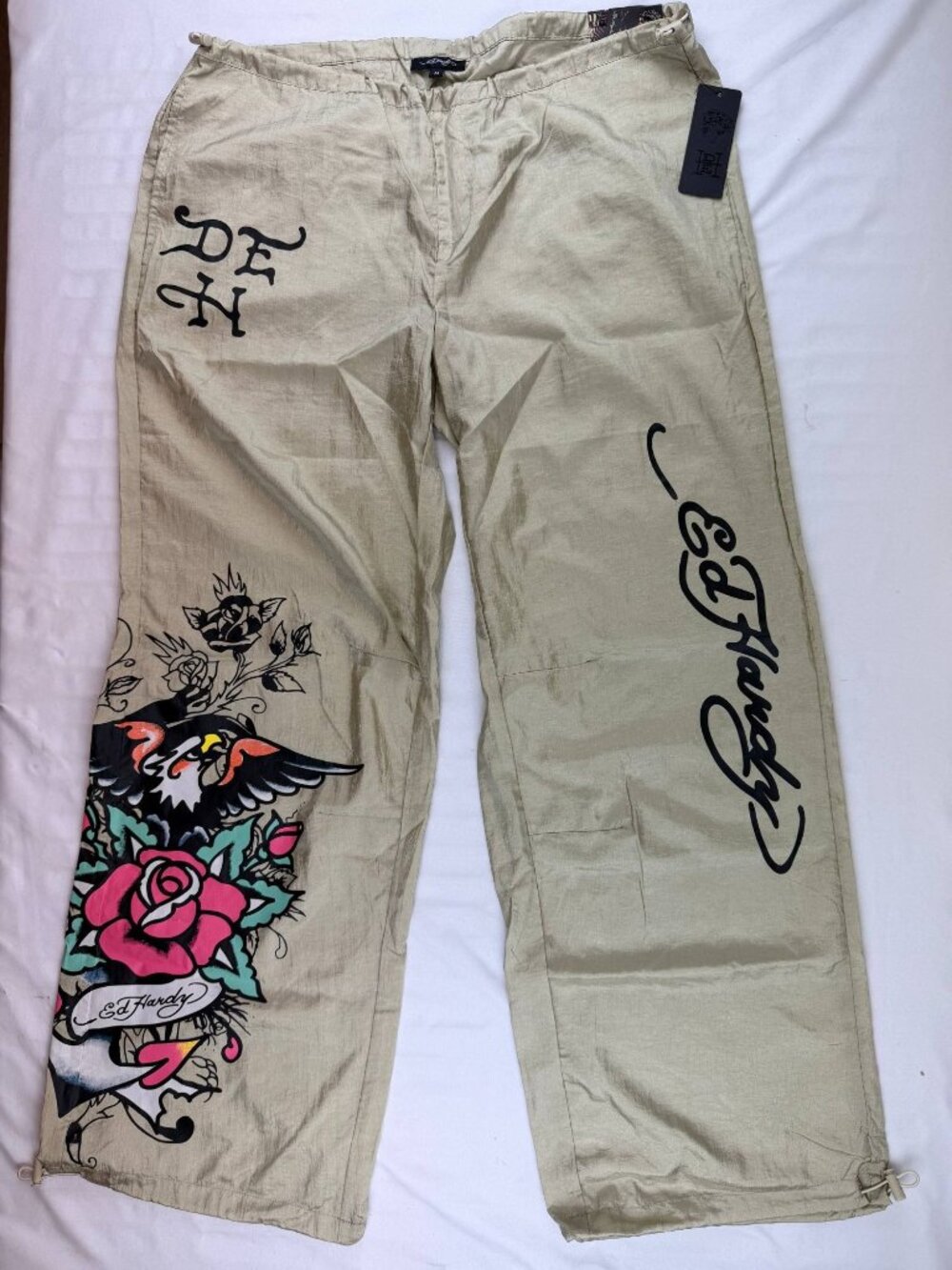 NWT Ed Hardy Women's Eagle Anchor Nylon Pants Gold Size Medium - Picture 4 of 11